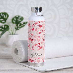 Valentine Hearts Whimsical Watercolor Pink Red Water Bottle
