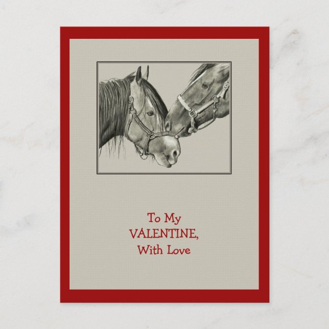 Valentine: Horses Nuzzling: Original Pencil Art Holiday Postcard (Front)