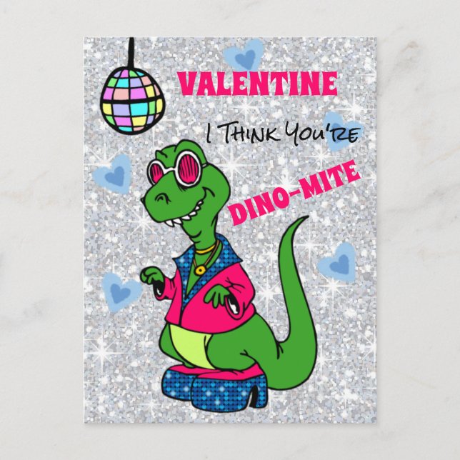 Valentine I Think You're Dino-Mite, disco dinosaur Postcard (Front)