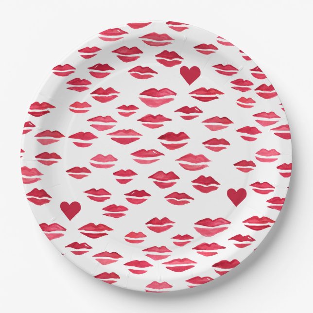 Valentine Kisses Lips Hearts Pattern Paper Plate (Front)