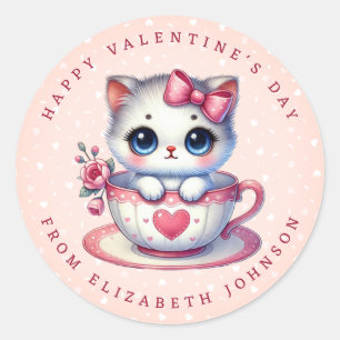 Valentine Kitten Personalised Name Round Stickers