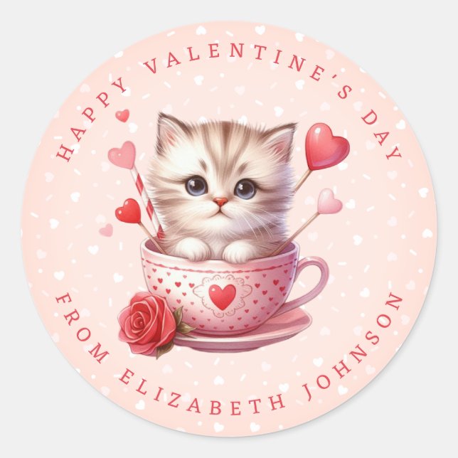 Valentine Kitten Personalised Name Round Stickers (Front)