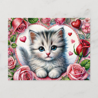 Valentine Kitten with Red Roses Postcard