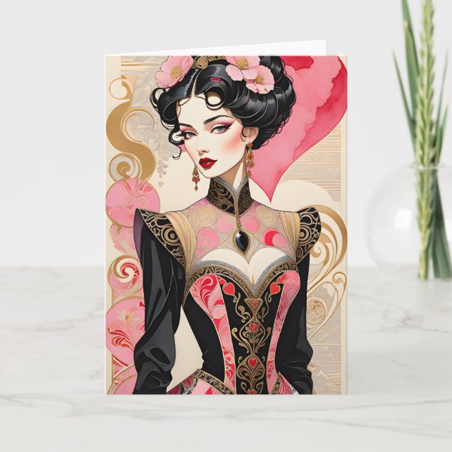 Valentine Lady in Pink and Black Couture Announcement (Front)