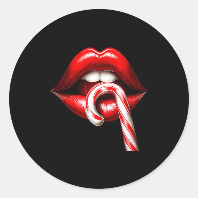 Valentine Lips Kisses Valentines Funny Candy Cane  Classic Round Sticker (Front)
