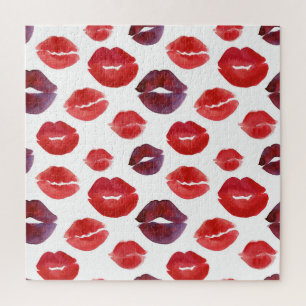 Valentine Lipstick, Watercolor Seamless Print. Jigsaw Puzzle