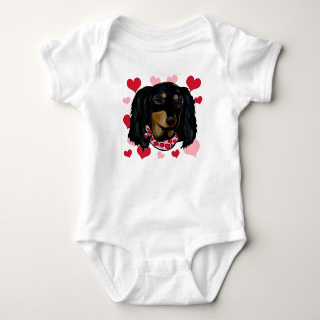 Valentine Long Haired Black Doxie Baby Bodysuit (Front)