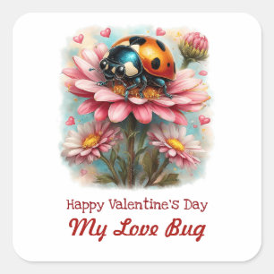  Valentine Love Bug on Blossoms Rose Square Sticker