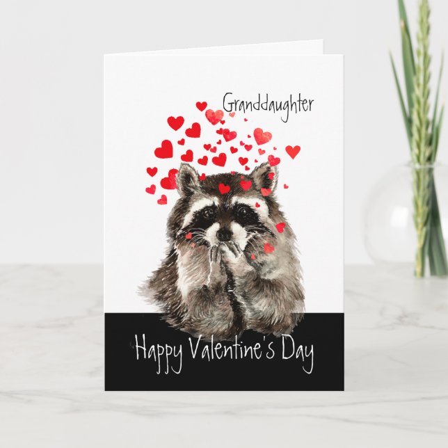 Valentine Love Fun Racoon Kisses Granddaughter Holiday Card (Front)