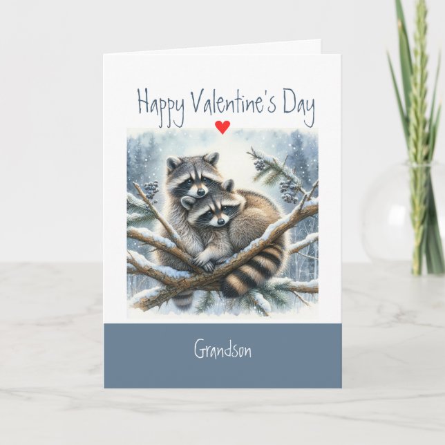 Valentine Love Fun Racoon Kisses Grandson Holiday Card (Front)