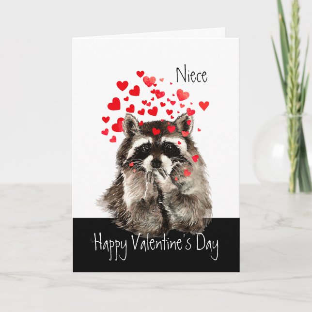 Valentine Love Fun Racoon Kisses Niece Holiday Card (Front)