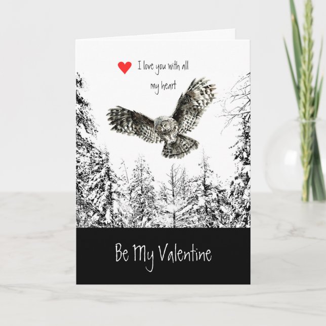 Valentine Love Heart Owl Bird Animal Nature Art Holiday Card (Front)