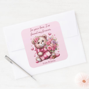 Valentine Love Rose Bear Square Sticker