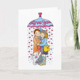Valentine Love You Umbrella with Raining Hearts Holiday Card