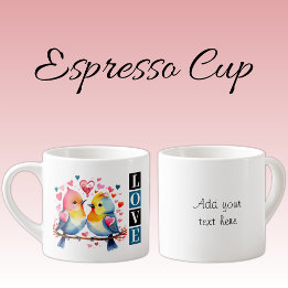 Valentine lovebirds custom text blue espresso cup
