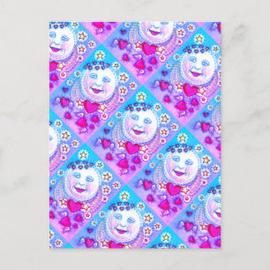 VALENTINE MAN IN THE MOON, HEAVENLY STARS & HEARTS HOLIDAY POSTCARD