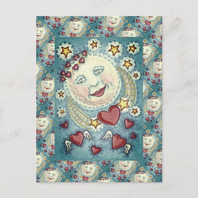 VALENTINE MAN IN THE MOON, HEAVENLY STARS & HEARTS HOLIDAY POSTCARD (Front)