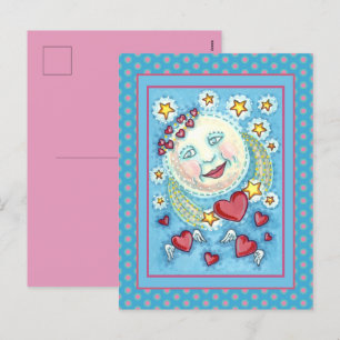 VALENTINE MAN IN THE MOON, HEAVENLY STARS & HEARTS HOLIDAY POSTCARD