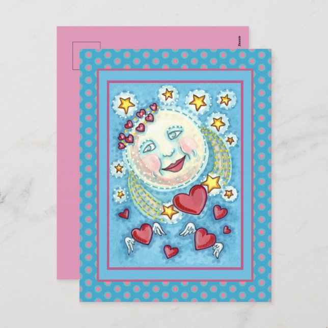 VALENTINE MAN IN THE MOON, HEAVENLY STARS & HEARTS HOLIDAY POSTCARD (Front/Back)