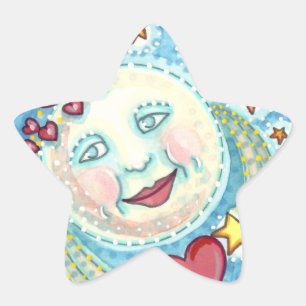 VALENTINE MAN IN THE MOON, HEAVENLY STARS & HEARTS STAR STICKER