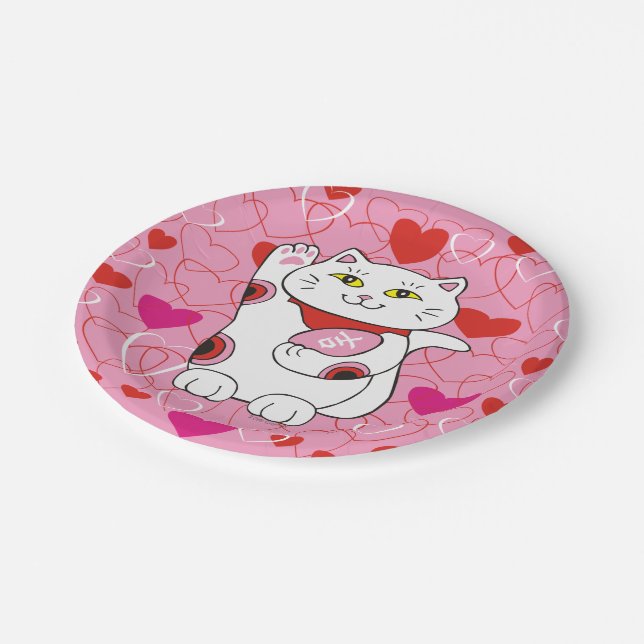 Valentine Maneki Neko Lucky Cat Paper Plate (Angled)