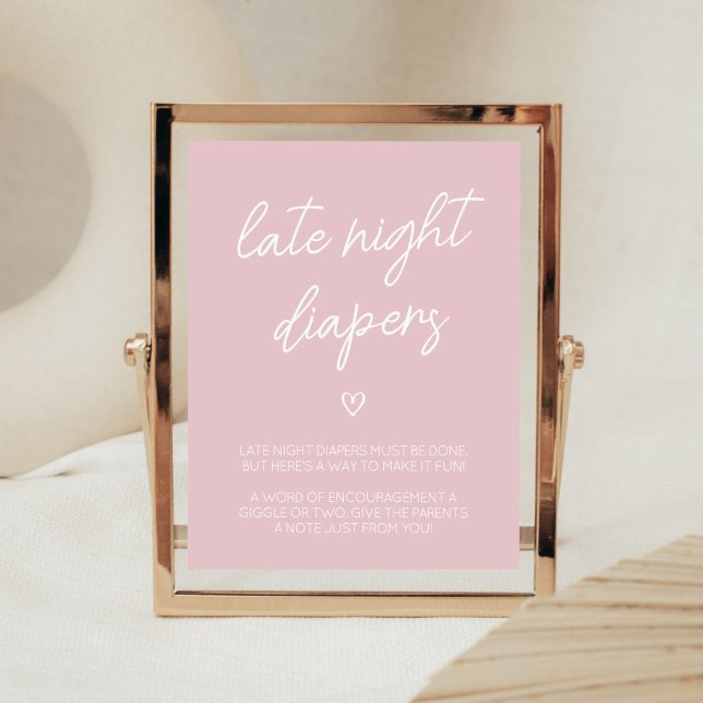 Valentine Minimalist Heart Late Night Diapers  Poster (Pink A Little Sweetheart Baby Shower Late Night Diapers Sign)