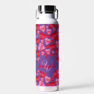 Valentine Monogram Pink Red Heart XOXO Purple Water Bottle