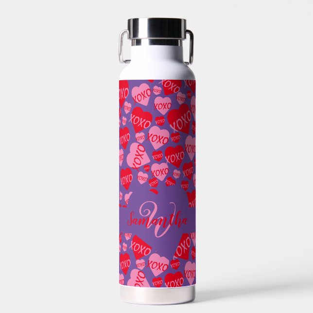 Valentine Monogram Pink Red Heart XOXO Purple Water Bottle (Front)