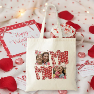 Valentine Mum and Child Photo Red Plaid Hearts Tote Bag