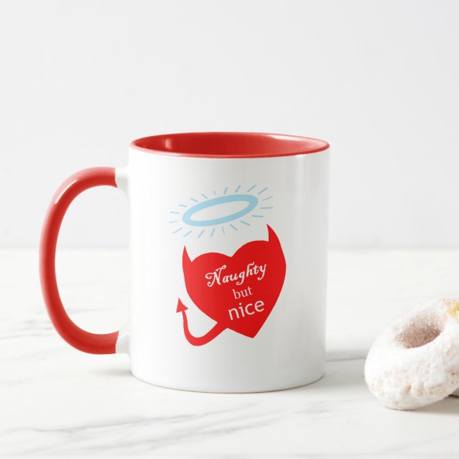 Valentine Naughty But Nice Devil Angel Heart Mug (With Donut)