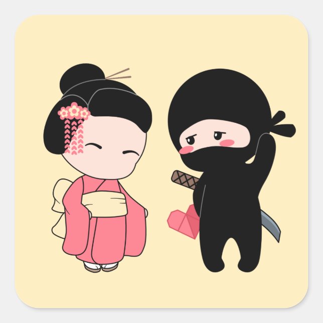 Valentine Ninja and Geisha on Yellow Square Sticker (Front)