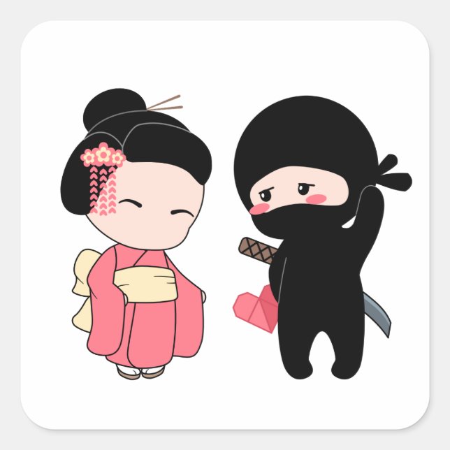 Valentine Ninja and Geisha Square Sticker (Front)