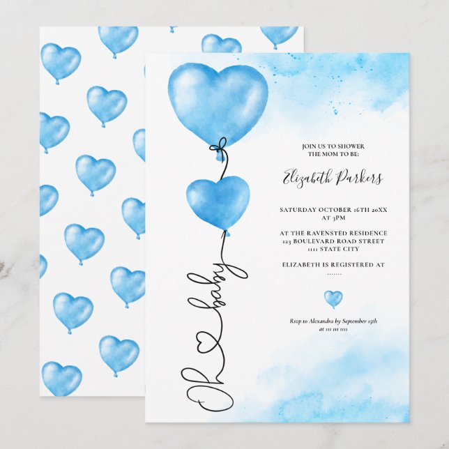 Valentine oh baby love blue hearts baby shower invitation (Front/Back)