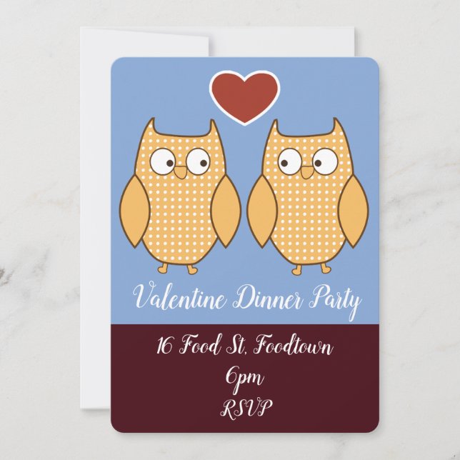Valentine owl hearts whimsical dinner party invitation (Front)