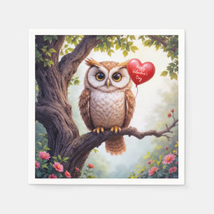 Valentine Owl With Red Heart Balloon Napkin