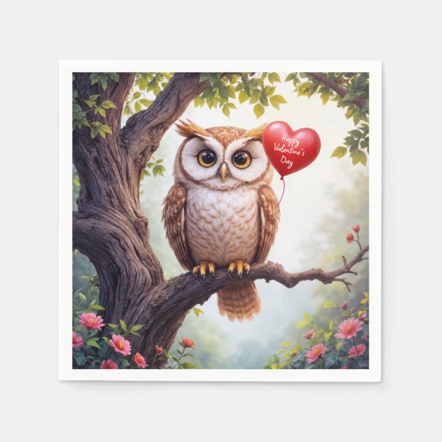 Valentine Owl With Red Heart Balloon Napkin (Front)