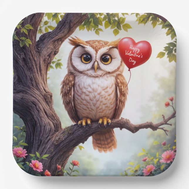 Valentine Owl With Red Heart Balloon Paper Plate (Front)