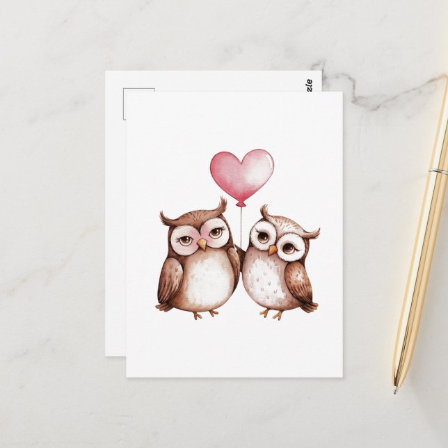 Valentine Owls and Heart Balloon Postcard (Front/Back In Situ)