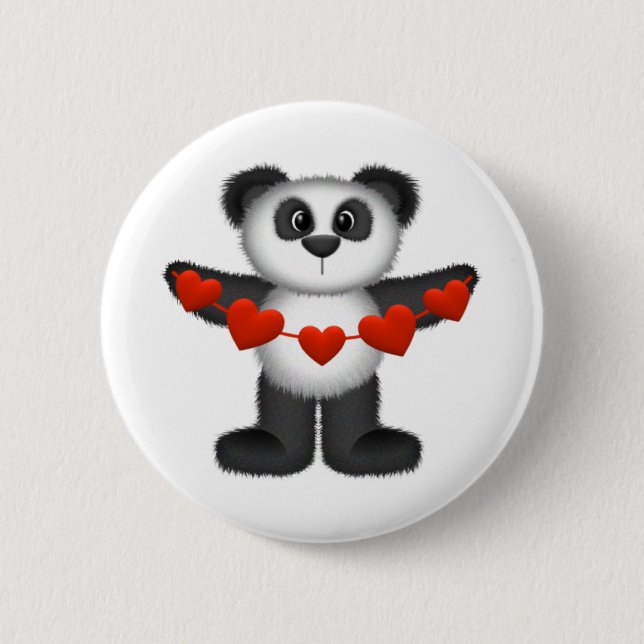 Valentine Panda Bear Holding String of Red Hearts 6 Cm Round Badge (Front)