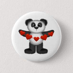 Valentine Panda Bear Holding String of Red Hearts 6 Cm Round Badge