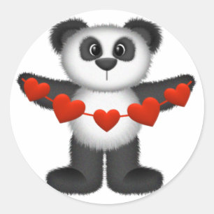 Valentine Panda Bear Holding String of Red Hearts Classic Round Sticker