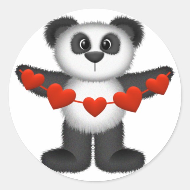 Valentine Panda Bear Holding String of Red Hearts Classic Round Sticker (Front)