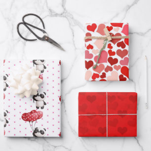 Valentine Panda Bears and Hearts 3 Design Set Wrapping Paper Sheet
