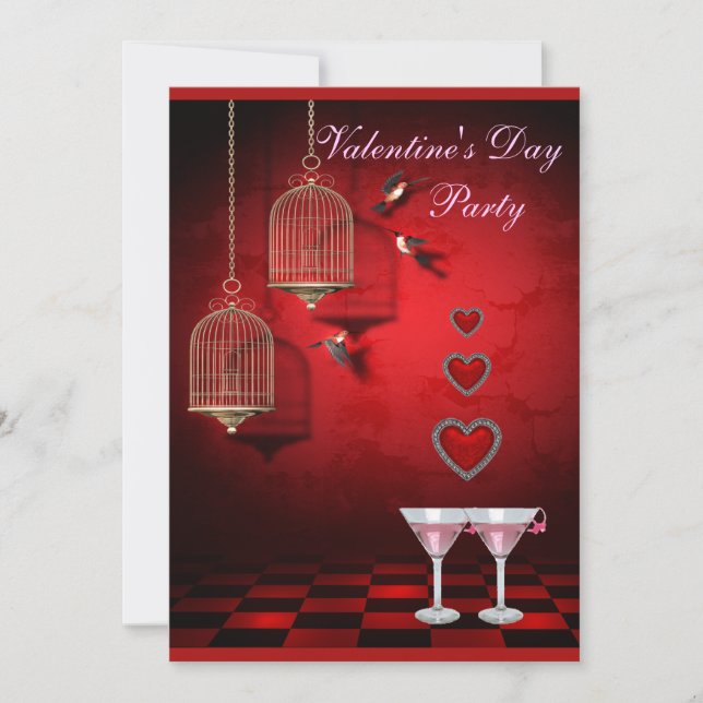 Valentine Party Birds Cages, Hearts & Pink Martini Invitation (Front)