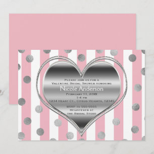 Valentine Party Silver Heart Pink & White Stripes Invitation