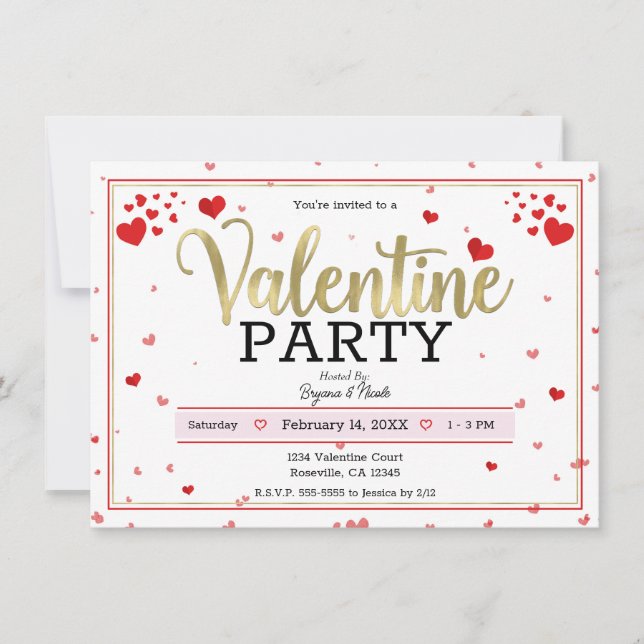 Valentine Party Valentine's Day Hearts Red Gold Invitation (Front)