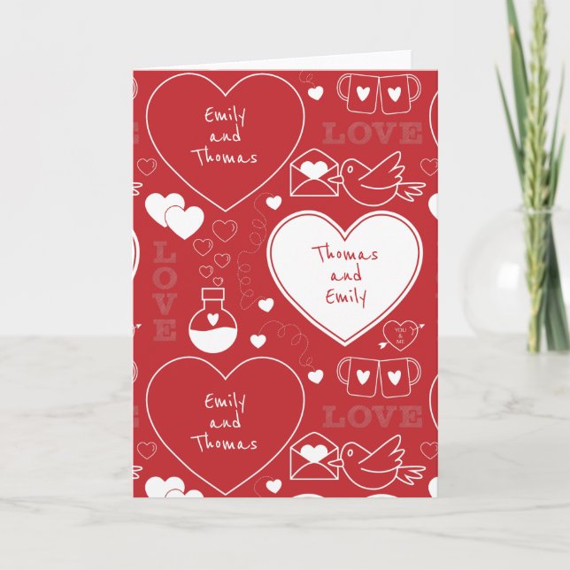 Valentine Pattern Greeting Card - White on Red (Front)