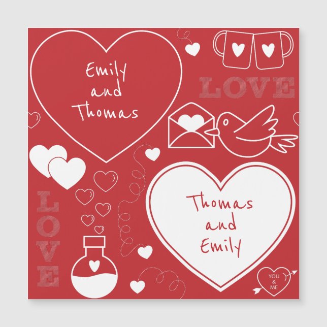 Valentine Pattern Magnetic Card - White on Red (Front)