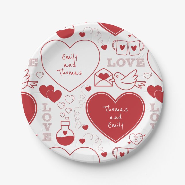 Valentine Pattern Paper Plate - Red on White |1| (Front)