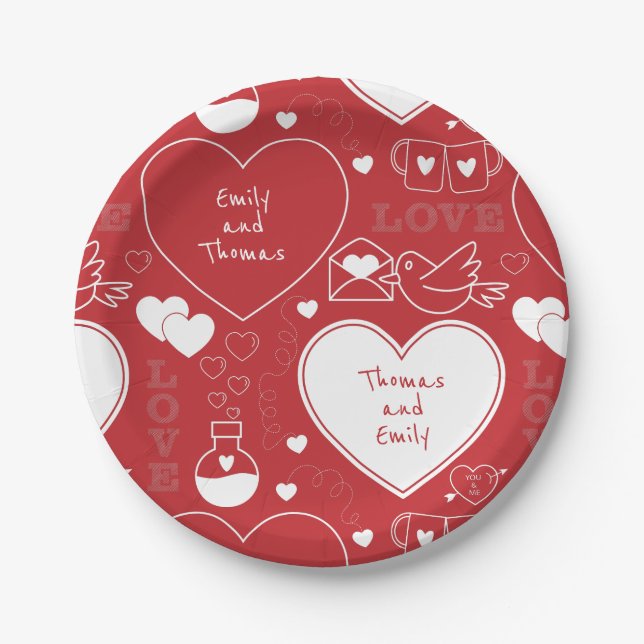 Valentine Pattern Paper Plate - White on Red |1| (Front)